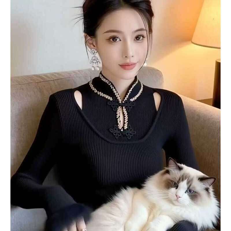New Chinese-Style Buttoned Stand-Collar Knitted Sweater For Women, 2025 Autumn And Winter New Model, Elaborate Hollow-Out Long-Sleeve Base Top Asia Si