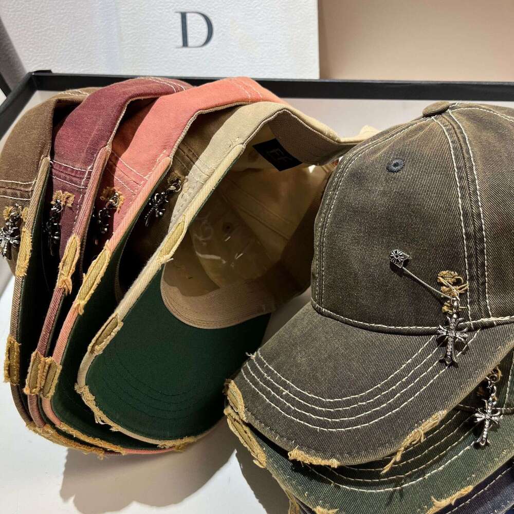 Trendy Cross pin washed denim baseball cap Casual sports hat youthful Unique Distressed Color-blocking American style