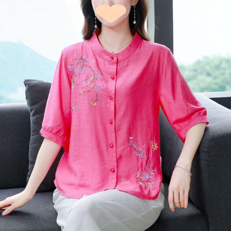 Cotton Linen Embroidered irt ort Sve Women's Summer Faion Loose Fit Versatile Trendy Top for Commute Office, casual loose new Chinese style top