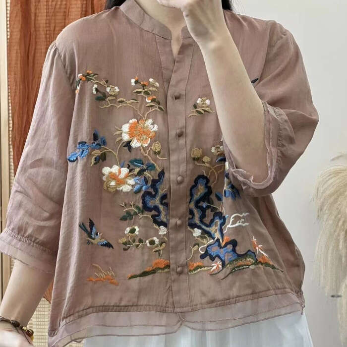 High-end Cotton and Linen Tops Female 2026 Summer New Embroidered Cardigan Shirt New Chinese Style Embroidered pattern shirt