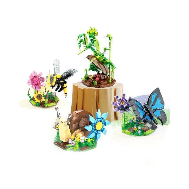 Children's Building Block Toy Simulated Snail Mantis Bee Butterfly Flowers Plants Insects Series Puzzle Set Decoration Gift Z260305