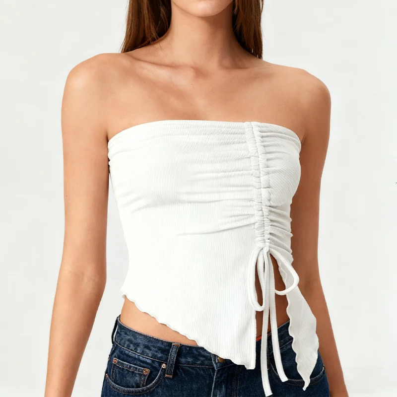 Spring Summer Y2K Womens Strapless Sleeveless Tube Top Mesh Ruched Side Asymmetrical Lace up Bandeau Cami Tank Tops Streetwear 260306