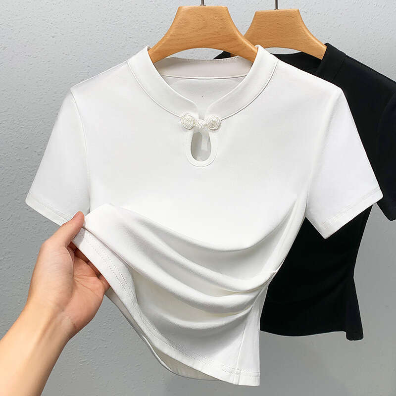 New Chinese style solid color hollow temperament top female retro short sleeve design sense T-shirt Chinese style buckle top versatile commuting offic