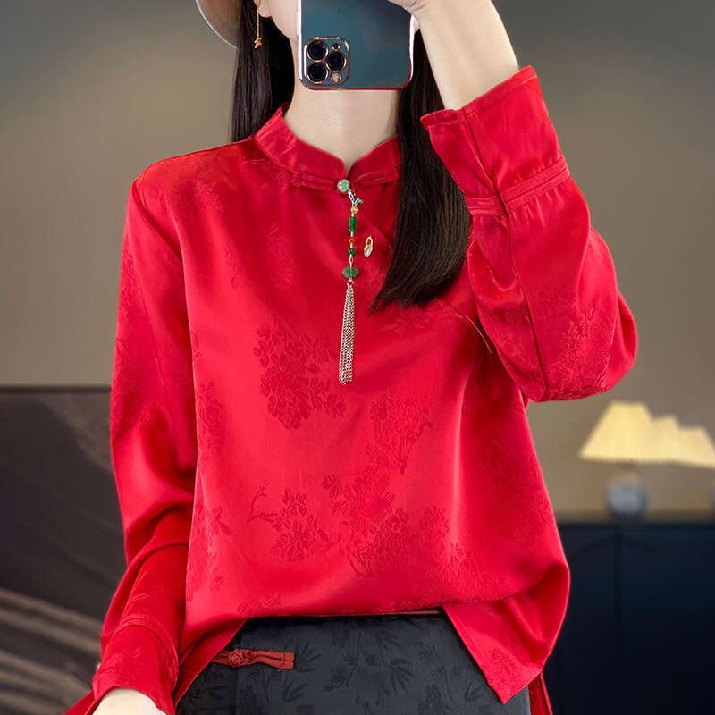 Mardi Hefxessdr New Chinese Silk irt Women's Embroidered Long Sve Lightweight Spring Summer Stand Collar Side Buttoned Chinese style shirt women&