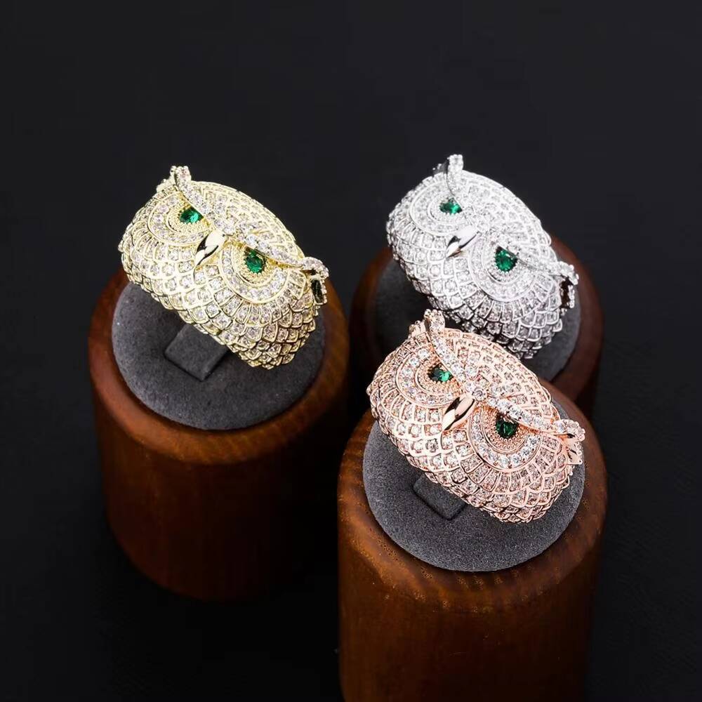 Luxury Fashion Owl Emerald Brass Real Gold Plated Rings Stylish Hip Hop Cubic Zircon Iced Out Wedding Anniversary Party Jewelry