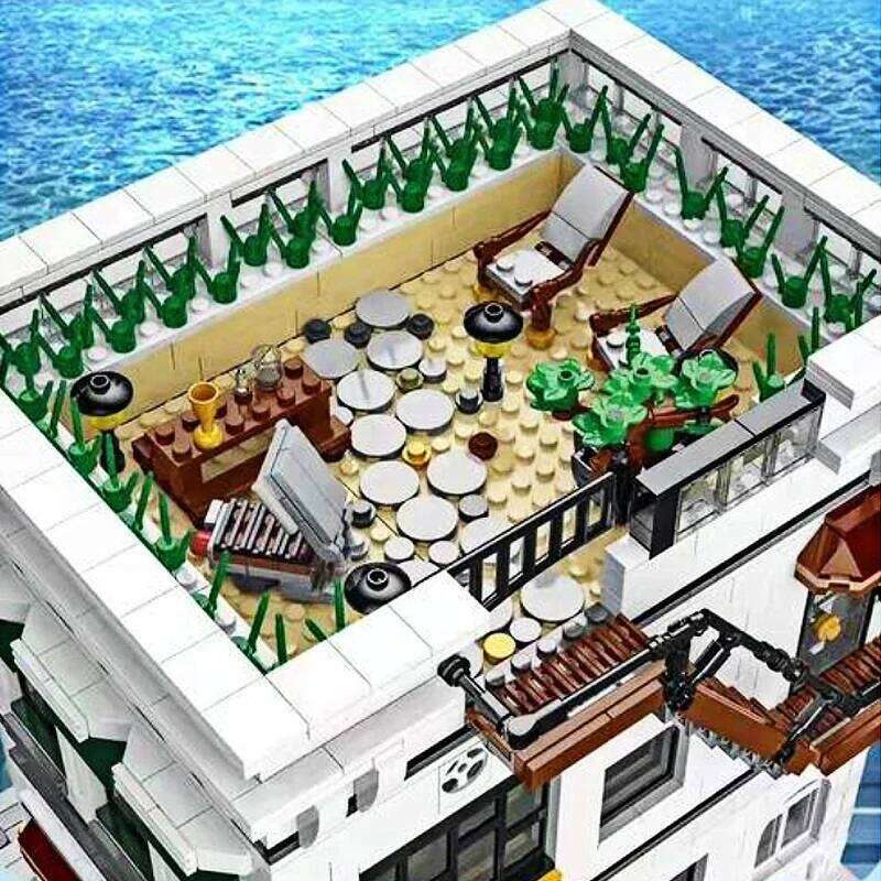 4132PCS Seafood Restaurant Model Building Blocks Creative City Street View MOC Bricks Set With Light Desktop Ornaments Kids Toys Z260305