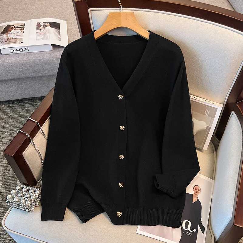 170Kg Plus Size Womens Bust 160 Spring Autumn Loose V-Neck Cardigan Sweater Knitted Jacket Black Res 4XL 5XL 6XL 7XL 8XL 9XL M260306