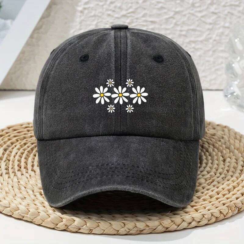 Fashion Versatile Little Daisy Cartoon Print Washed Vintage Soft Top Sunshade Unisex Baseball Cap Y260304