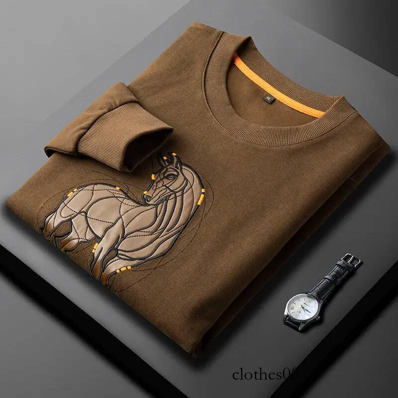 Luxury Brand Spring Horse Embroidery Sweatshirts Men Long Sleeved Round Neck Casual Sweatshirt Social Office Streetwear Pullover