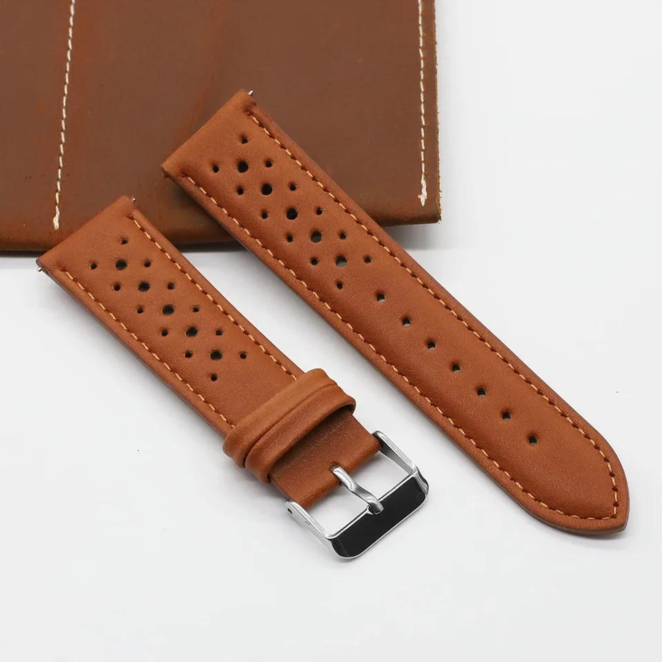 Vintage Handmade Watch Strap 18mm 19mm 20mm 22mm 24mm Racing Leather Strap Gray Black Brown Blue Breathable Porous Watchbands 260304