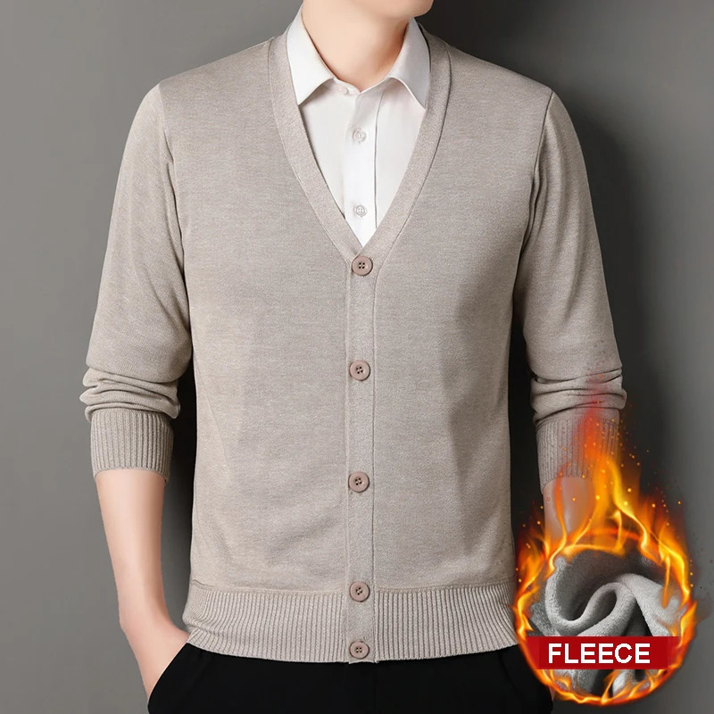 Mens Autumn Clothes Fleece Cardigan Jacket Knitted Sweater Outwear V-neck Fashion Cardigans Warm Mens Top 260306