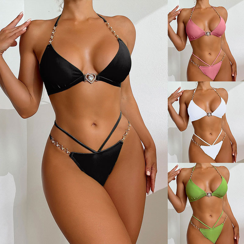 2026 Sexy MultiColor Chain ThreePiece Swimsuit for Women Solid Color HighWaisted TieUp Bikini Swimwear 230420