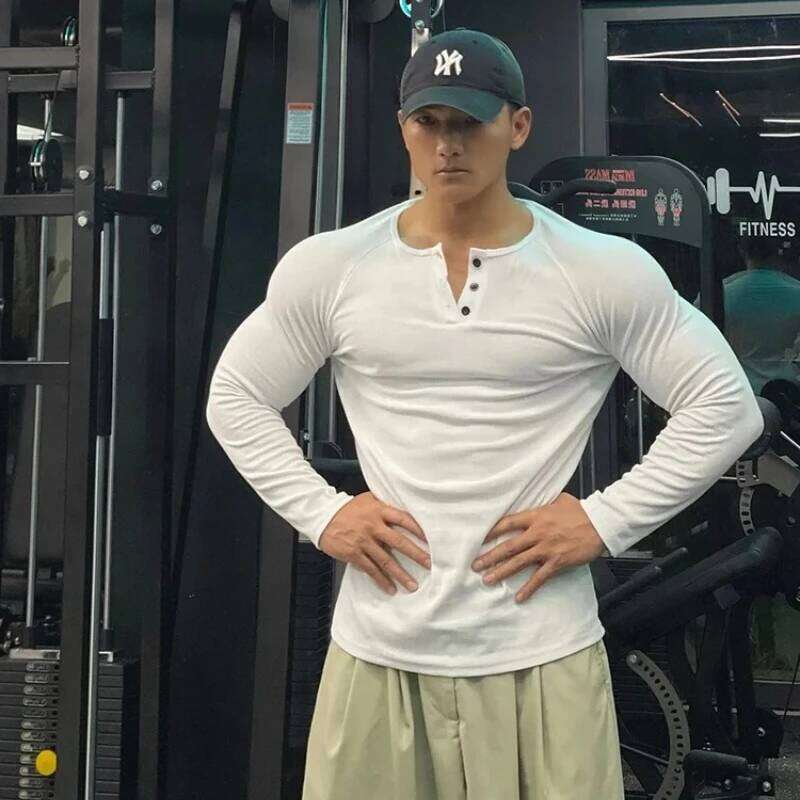 Men's Long Sleeved Henley Fitness Sports Tops Tees Button Neck Casual Cozy Tshirt Fit Autumn T-shirt for Daily We 26H0306