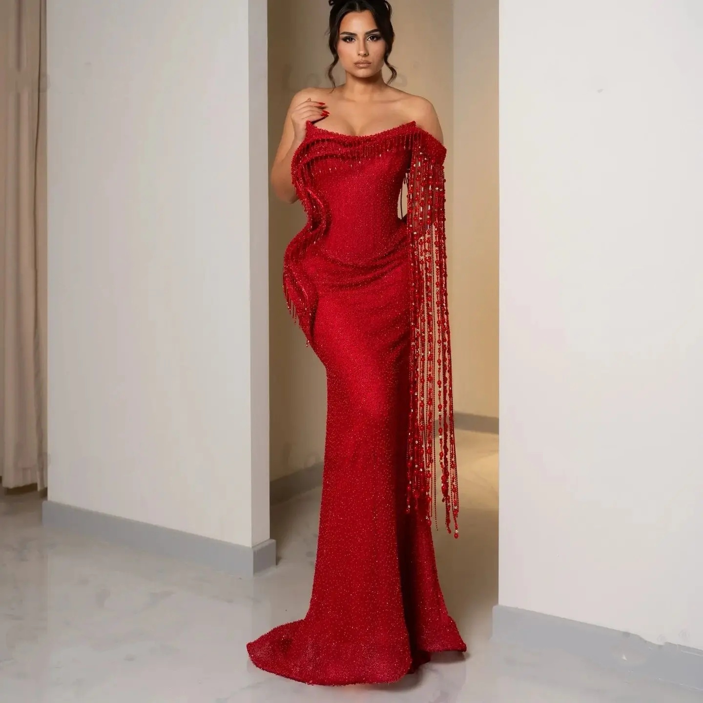 Classic Mermaid Evening Dresses For Women Beading Crystal Gown Off Shoulder Sleeveless Sweep Train Dress Party Custom Made