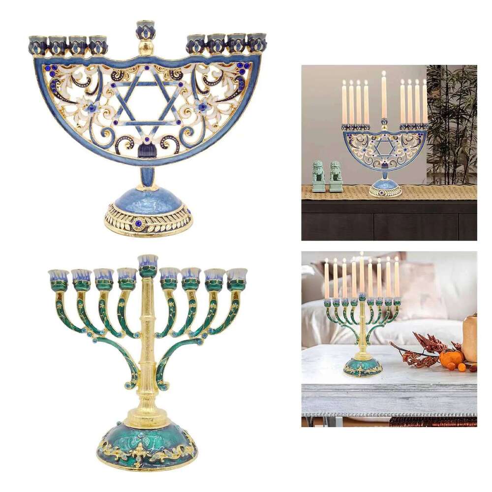 European Style Retro Enameled Menorah Hand Painted with Jeweled Accents Bejeweled Jewish Candlesticks Christmas Crafts Gi XJ260305