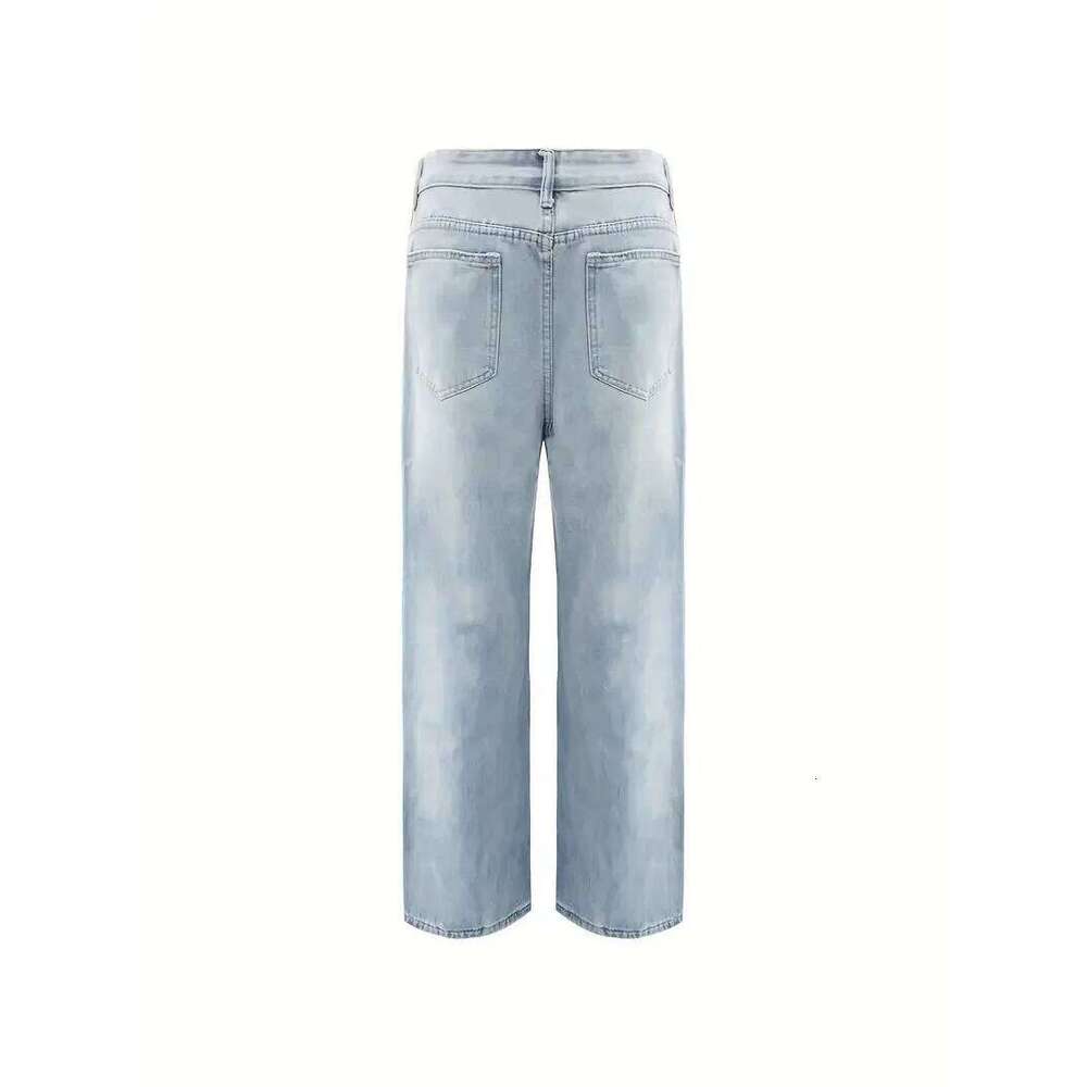 Men'S Vintage Washed Blue Loose Fit Jeans - Casual Straight Leg Denim Pants with Zipper Fly, All-Season Comfort, Mid Waist, Casu
