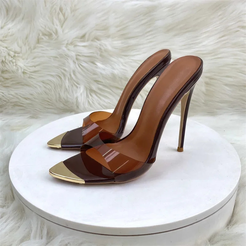 12cm Sexy Pointy Color Pvc Slippers High Heel Sandals Women Brown Stiletto Heels Lady Shoes Female Size 33-46 Zapatos De Mujer 260303