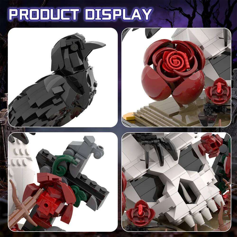 MOC Crow Skull Roses Bouquet Building Blocks Model Horror Gothic Skeleton Flowers Plant Pot Bricks Assembly Toys Kids DIY Gifts Z260306