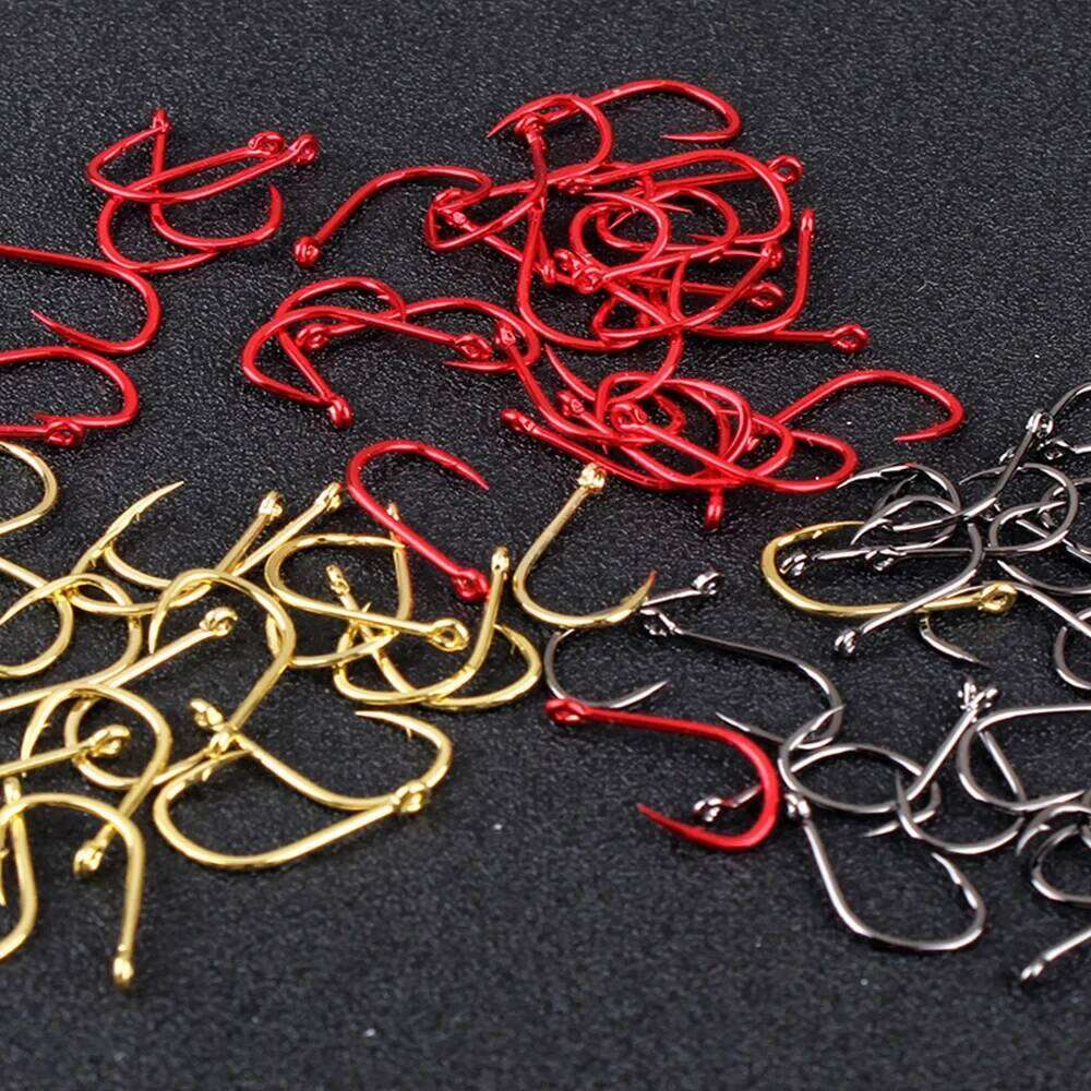 FISH KING 50-100pcs Gold High Carbon Steel 1#-12# Barbed Hook With Ringed EYE Red Fishhooks for Carp Fishing Tackle S260305