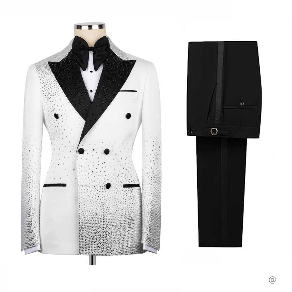 Elegant Wedding Tuxedos Beaded Double Breasted Peaked Lapel Men Suit 2 Piece Set Jacket Pant Groom Business Blazers Customized