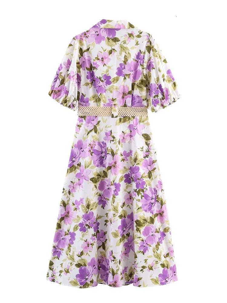 HH Womens Summer New Fashion Belted Purple Floral Print Long Dress Female Temperament Lapel Single-Breasted Short-Sleeved Dress X260306