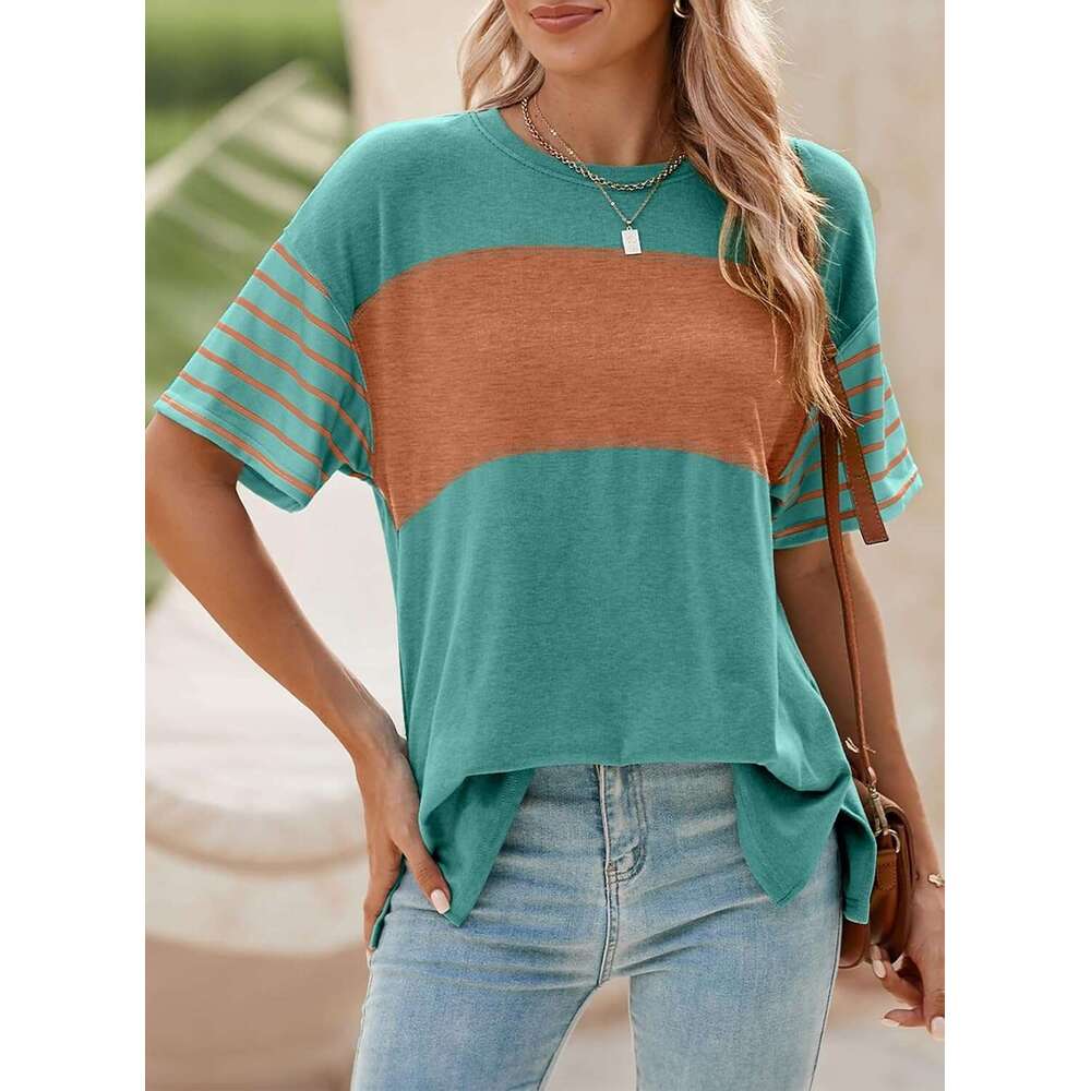 Designer Summer Tops Trendy Oversized 2026 Crewneck Casual Color Block Striped Womens Shirts Blouses