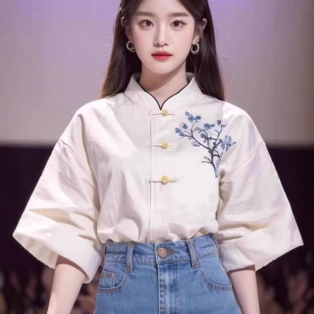 Mardi Hefxessdr Women's Clothing Summer New Improved Tang Suit Slimming Top Stylish White Drop-Shoulder Sleeve Embroidered Shirt style shirt wome