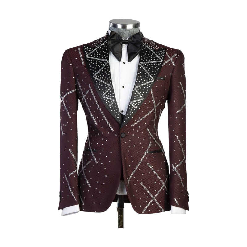 Shining Men Suits 2 Piece Blazer Pant Single Breasted Crystals Peaked Lapel Wedding Party Tuxedo Banquet Customized