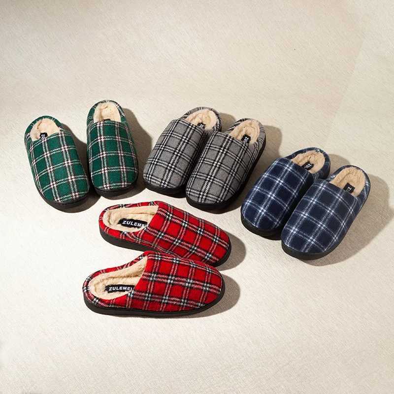 New Mens Striped Warm House Fleece Cozy Non-slip Plaid Cotton Mops Couples Slippers Winter Soft Indoor Bedroom Couples Shoes S260305