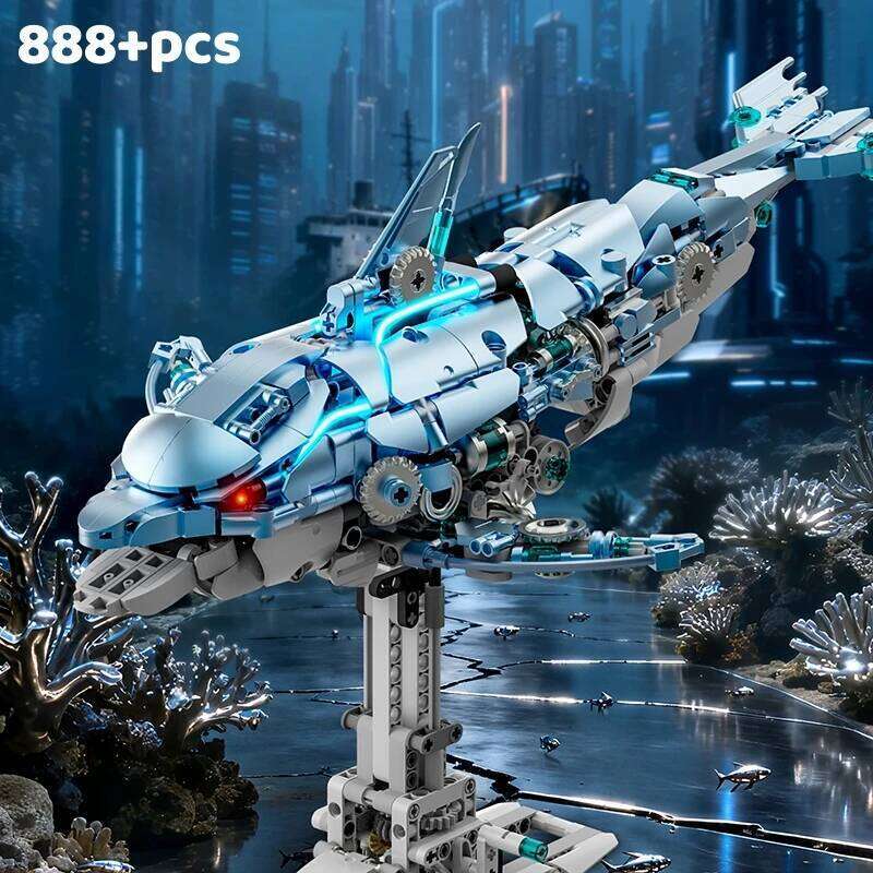 888Pcs Mechanical Dolphin Building Blocks Set With Motor Light Pink Blue Ocean Animal Linkage MOC 3D Desktop Model Gift Idea Z260305