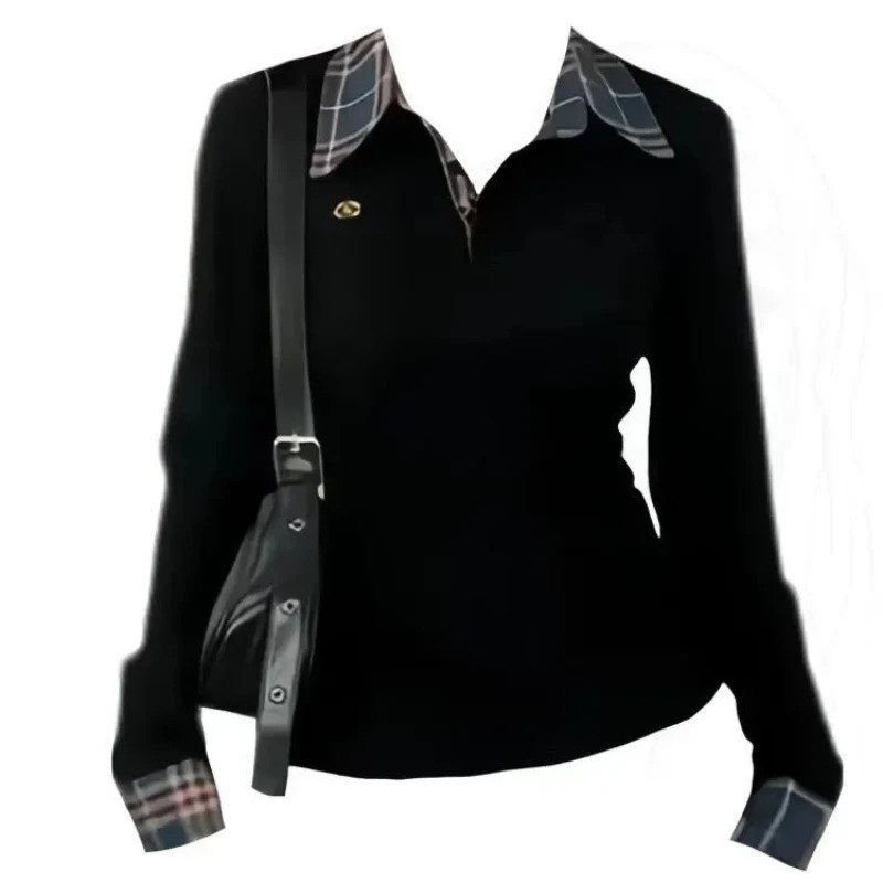 Polo Neck Plaid Patchwork Embroidery T Shirts Spring Autumn Twopiece Slim High Street Tops Fashion Casual Women Clothing 260228