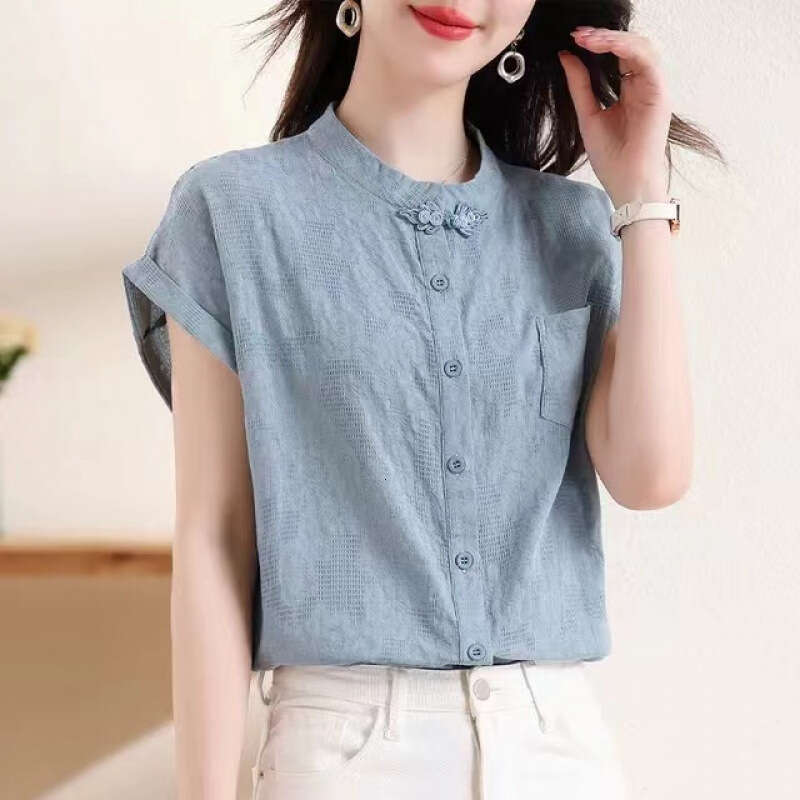 Women Solid Color Summer Chinese Style Retro Pure Cotton Short Sleeve Blouses Fashion Stand Collar Pocket Single-breasted Shirts New Chinese Style top