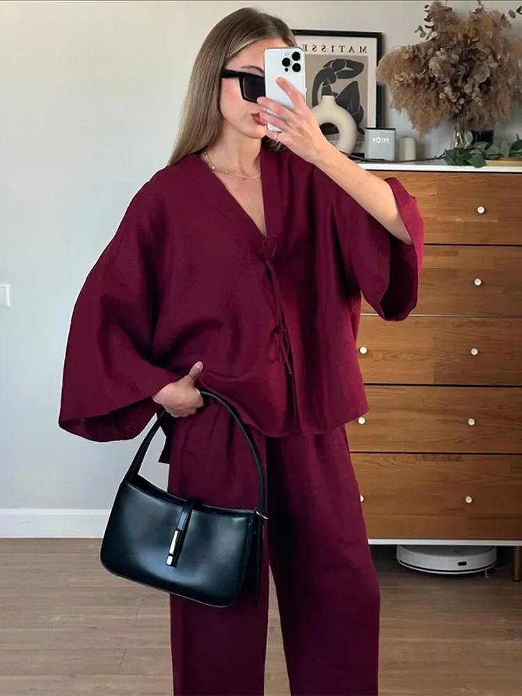 Brown Cotton Linen Suit For Women Chic Full Sleeves V-neck Lace-up Cardigan Loose Pants Set 2026 Summer Lady Casual Streetwear 260305