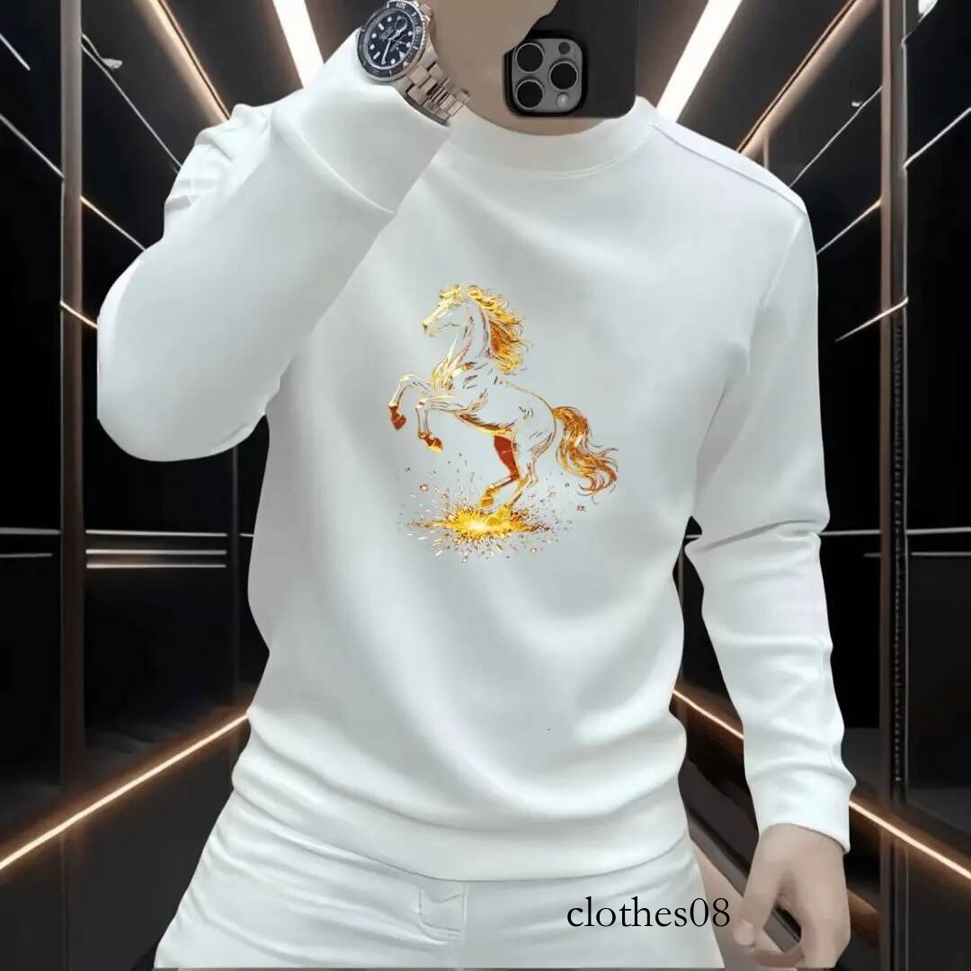 Long Sleeve Fleece Lined Printed T-shirt Men's Base Layer Shirt Trendy Bottom Polyester Cotton Blend Winter Wear