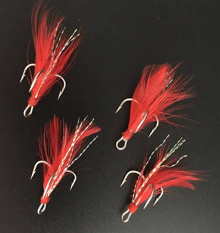 Fishing Treble Hook Lure Red White Feather Fishhook Round Base Hooks Size 2# 4# 6# 8# 10# Lot 5 Pieces Y260305