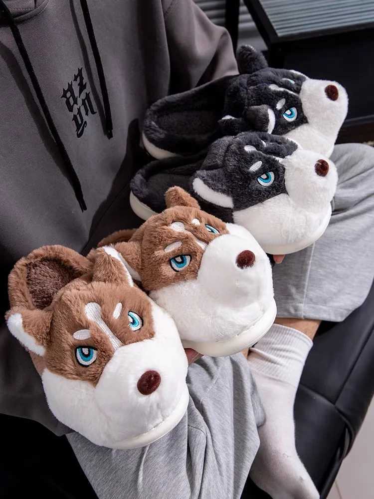Women Indoor Cotton Slippers Cute Cartoon Dog Winter Warm Shoes Couples Home Floor Slides Anti-slip Female Male House Footwear S2603054HSX