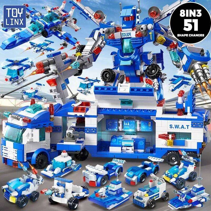 TOYLINX 679PCS Police Building Blocks 8-in-3 Transformable Toy 51 Shape Changes Robot Vehicle Aircraft Kids Construction Bricks Z260305