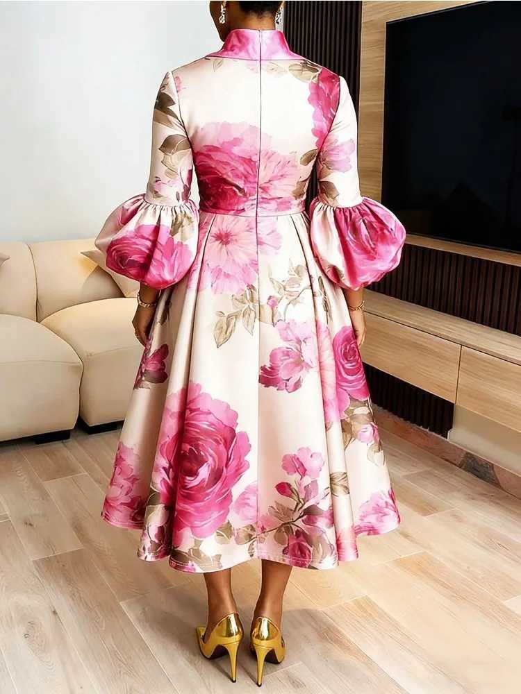 Stylish Womens Flower Printed Stand Collar Elegant Evening Maxi Dresses 2026 New Puff Sleeves Loose Pleated Party A-Line Dress X260306