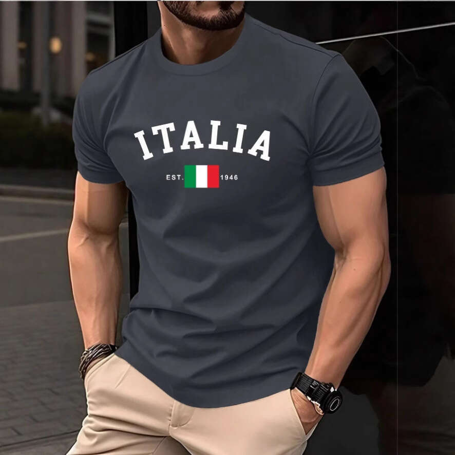 2025 New European and American Export Casual Versatile Fashionable Men's Italian Print Short Sleeve T-Shirt