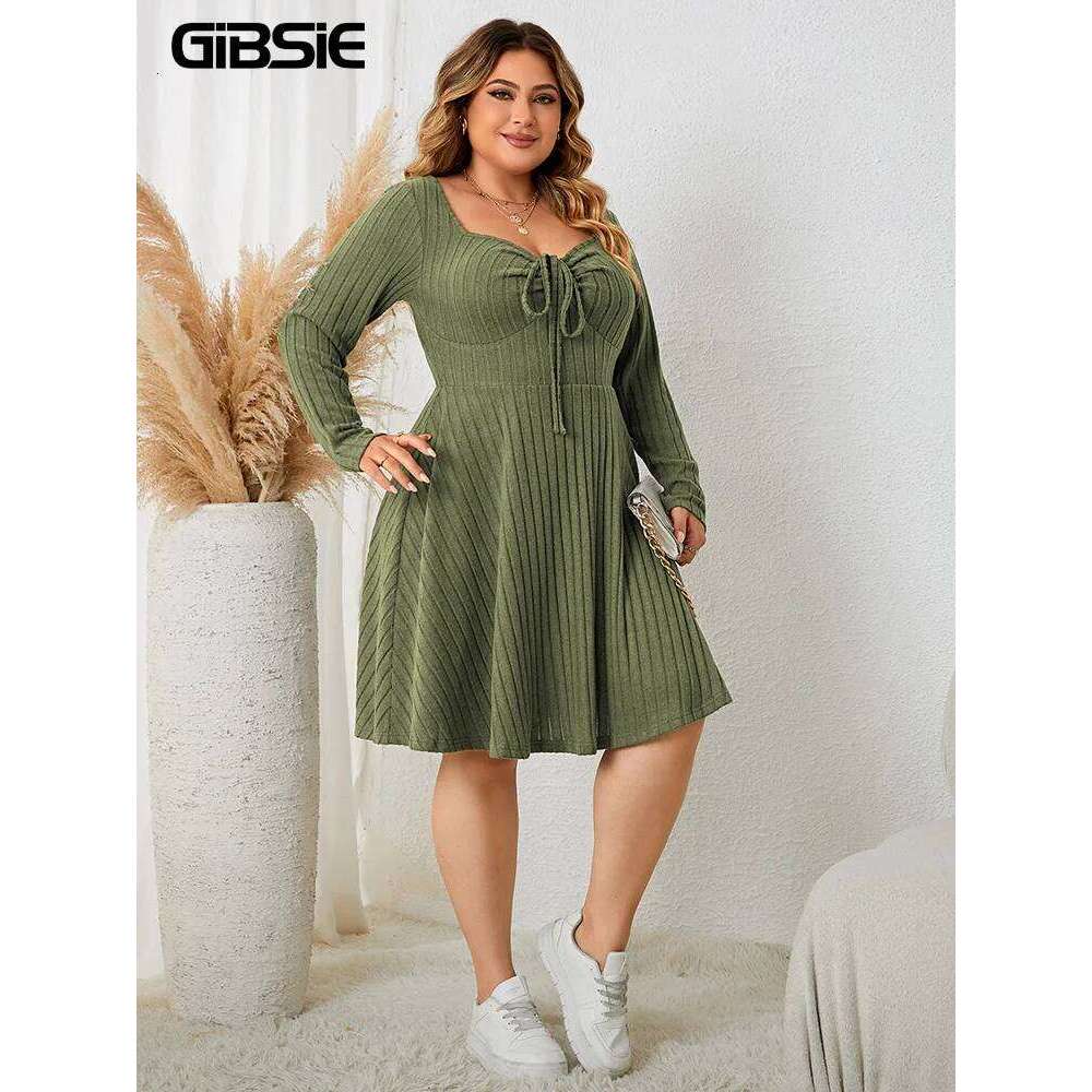 GIBSIE Plus Size Sweettheart Neck Knot Front A-Line Dress Women Fall New Vintage Long Sleeve Ribbed Knit Casual Winter Dresses