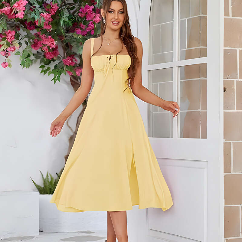2026 Summer New Hot-Selling Slim-Waist Fishbone Shaped Slit Drawstring Tie-Up Strapless Dress