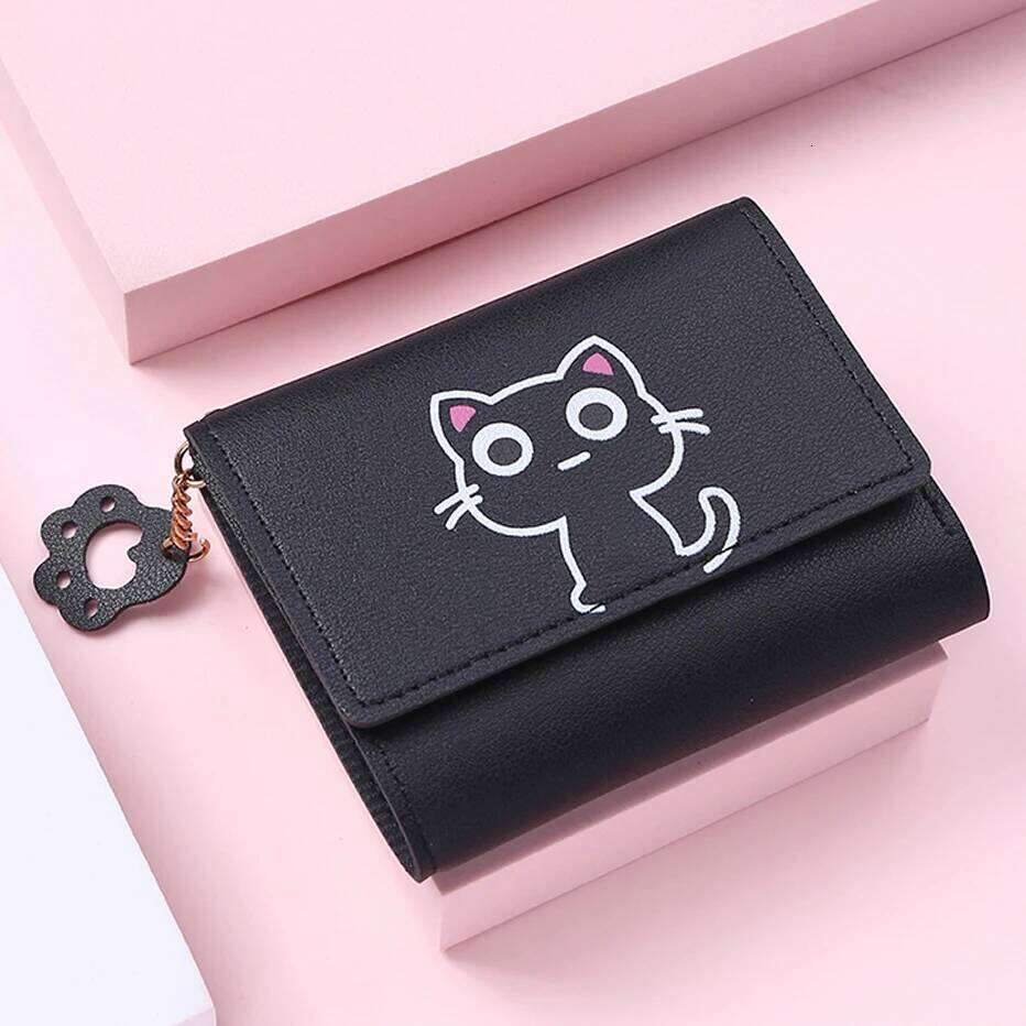 Women's Cute Cat Female Small Short PU Leather Purse Ladies Card Holder Money Bag Hasp Creative Fashion Wallet Girls Gift C260304