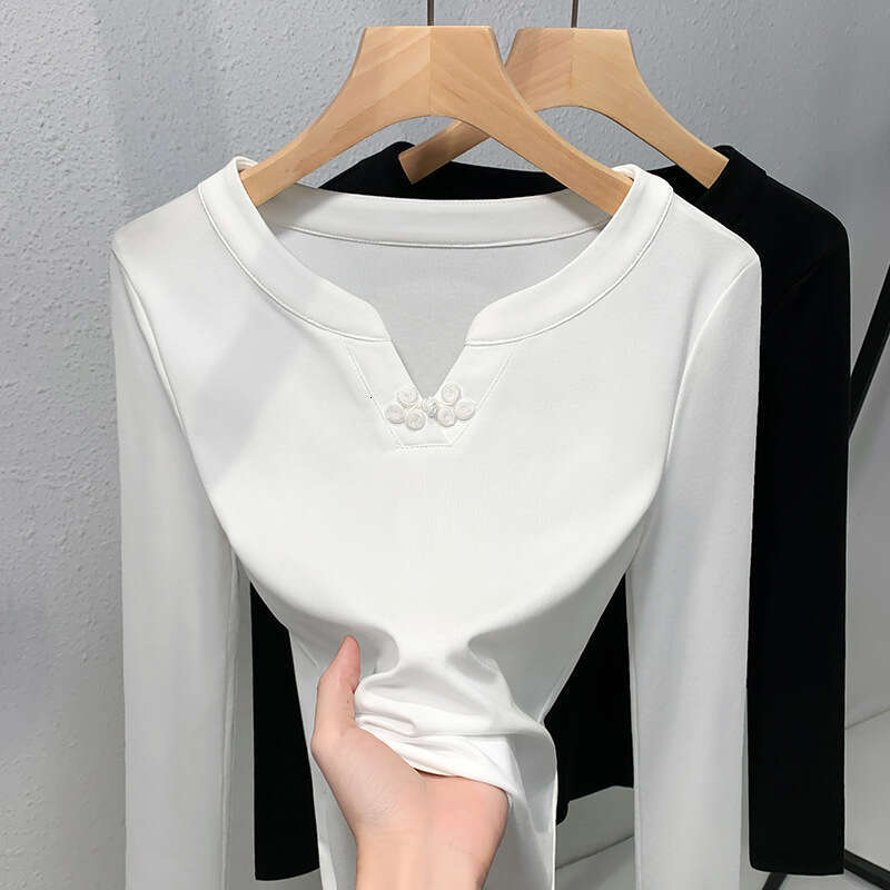 Cotton Autumn T Shirt for Women V Neck Sexy Slim Tops Long Sleeve Tshirt Basic Solid Y2k Streetwear Skinny Female Tee New Chinese style buttoned top