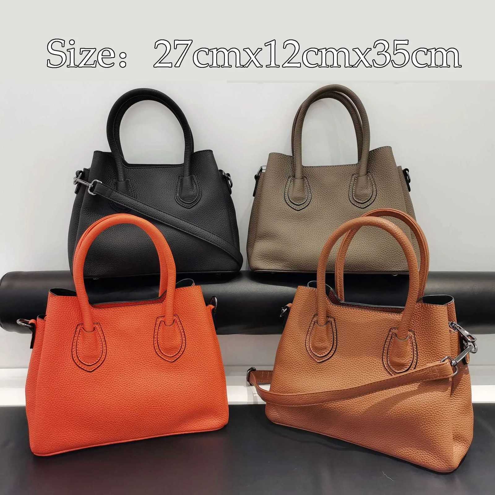 New Fashion Full Grain Cowhide Leather Womens Tote Bag Orange Roomy Deisgn Ladies Handbag Large Shoulder Bag Dropship H260306
