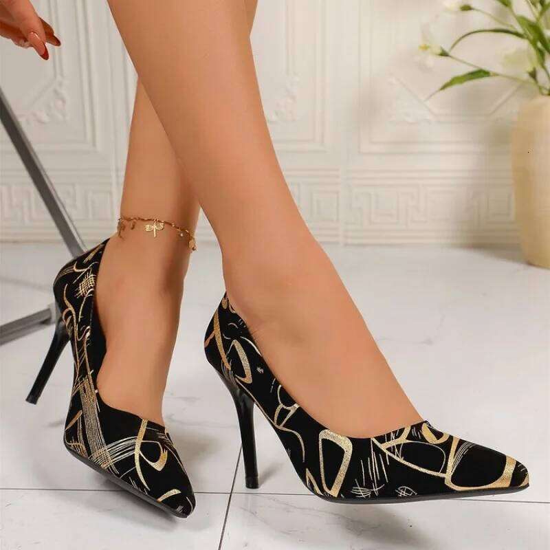 2026 Spring Plus Size Stiletto Heels Sexy Pointed Toe Graffiti Pumps | Color Block Party Dance Shoes For Women