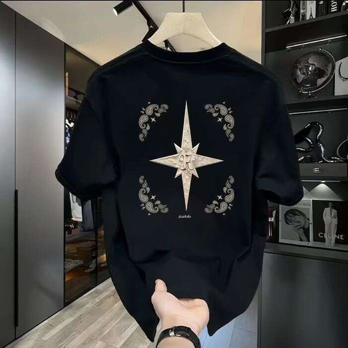 Men's pure cotton 2025 round neck t-shirt, ins half-sleeve top, men's clothing, new gold star short-sleeve shirt