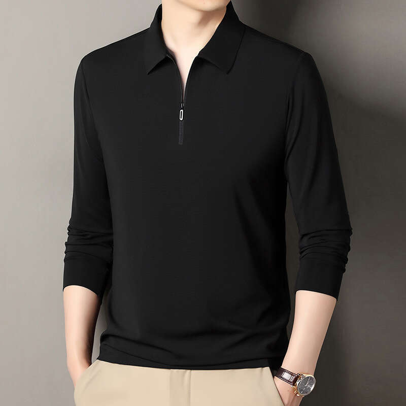 2025 New Spring and Autumn Seamless Long-Sleeve Polo for Men, High-End Business T-Shirt, Trendy Turn-Down Collar Base Shirt