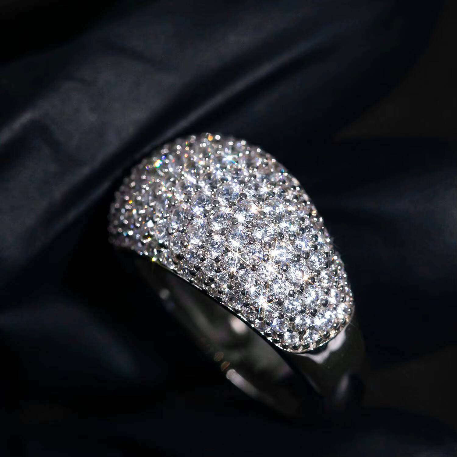 Hip Pop Rock Style Iced Out Pave Moissanite Diamond Dome Ring Silver 925 Plated With 18K White Gold VVS Moissanite Jewelry