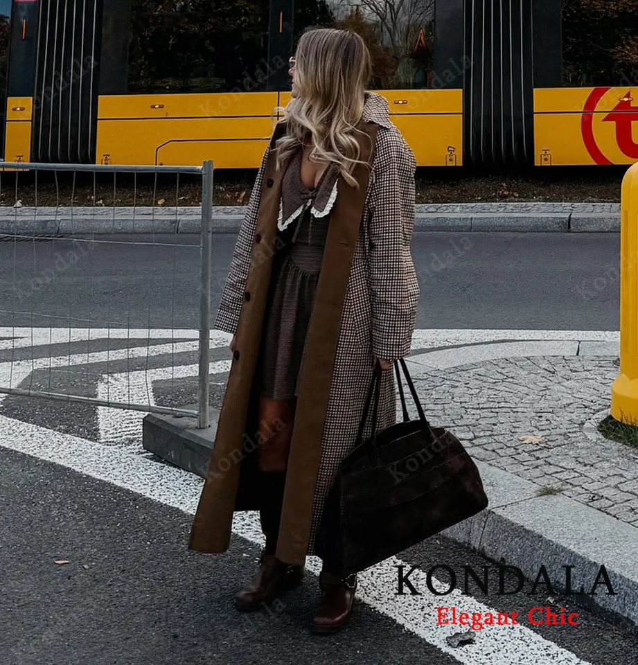KONDALA Urban Vintage Trench Coat Womens Fall Winter Brown Reversible Wear Long 2025 Fashion Elegant Commute Ladies 260228