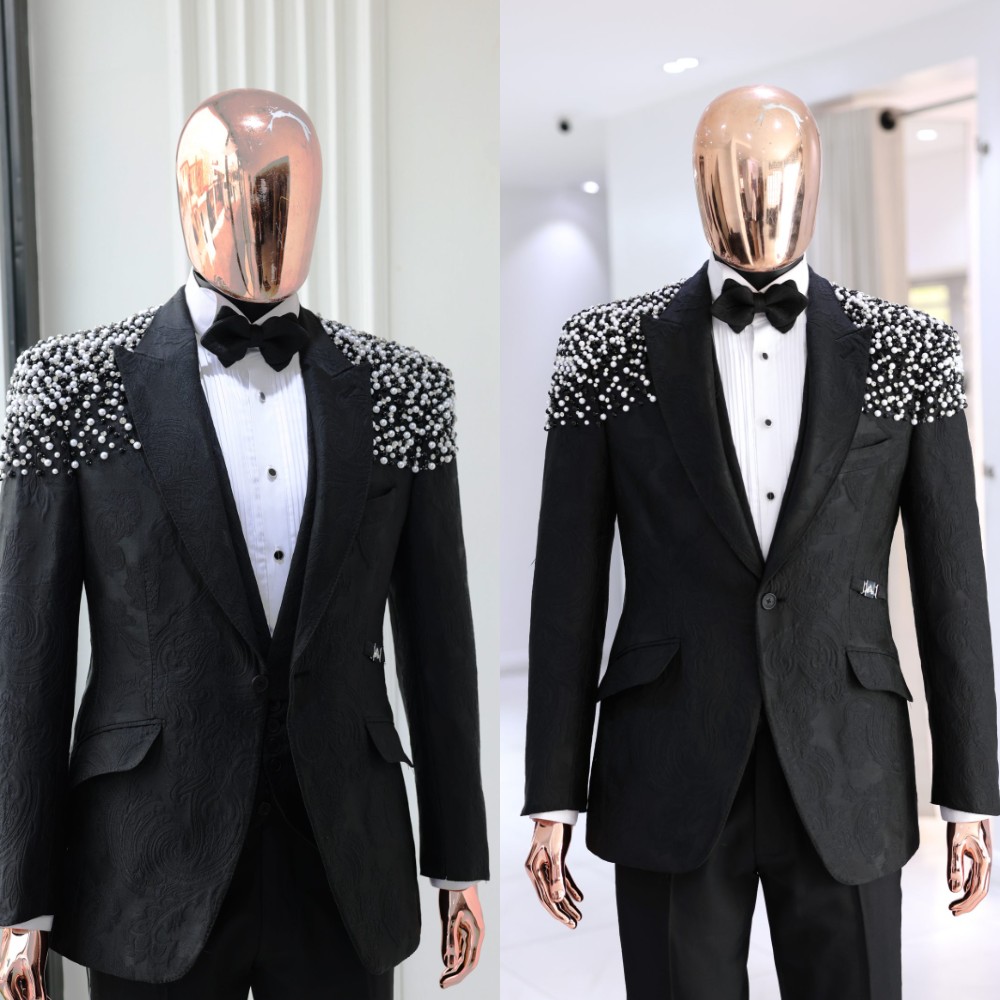 Elegant Men Suits Pearls Beading Peaked Lapel Jacquard Blazer 2 Pieces Tailor-Made Jacket Rhinestone One Button Groom Customized Coat Pants Plus Size